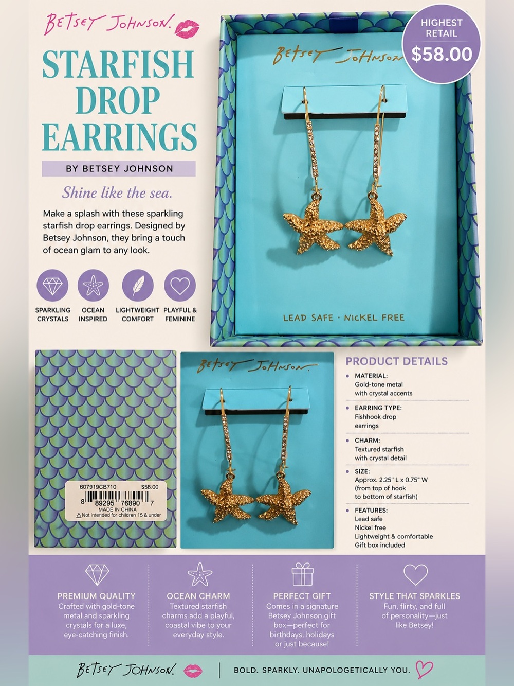 Betsey Johnson Starfish Drop Gold Earrings NIB